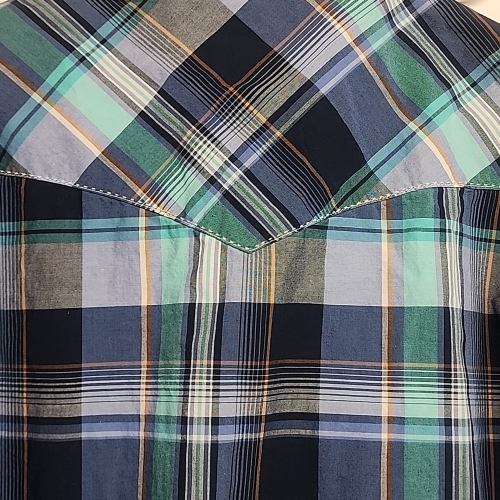 Wrangler Retro Vintage Equestrian Western Snap Button-Down Blue Plaid Shirt Sz L - Picture 6 of 9